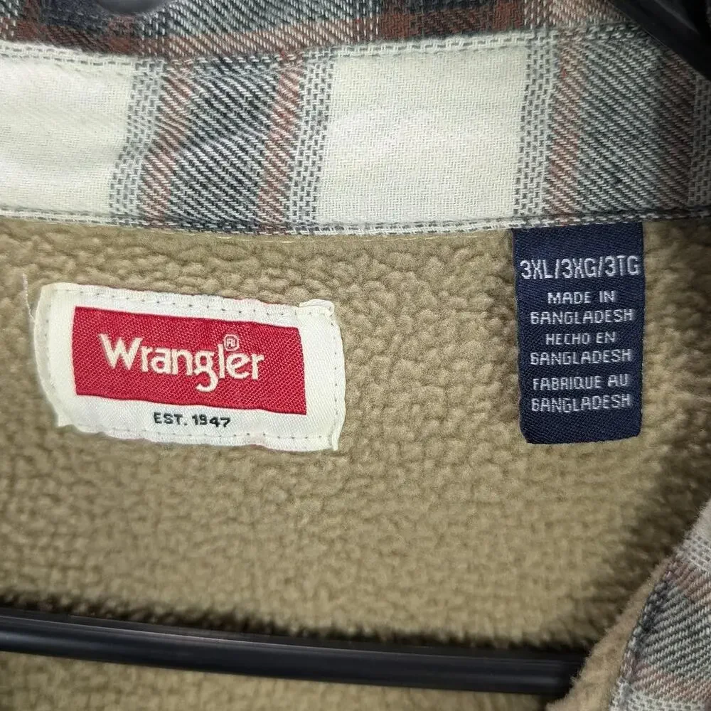 Wrangler Jacket Mens 3XL Brown Black Plaid Sherpa Lined Flannel Shirt Shacket